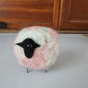 Handmade Felted Shetland Wool Sheep Figurine in Pastel Pink, White and Green